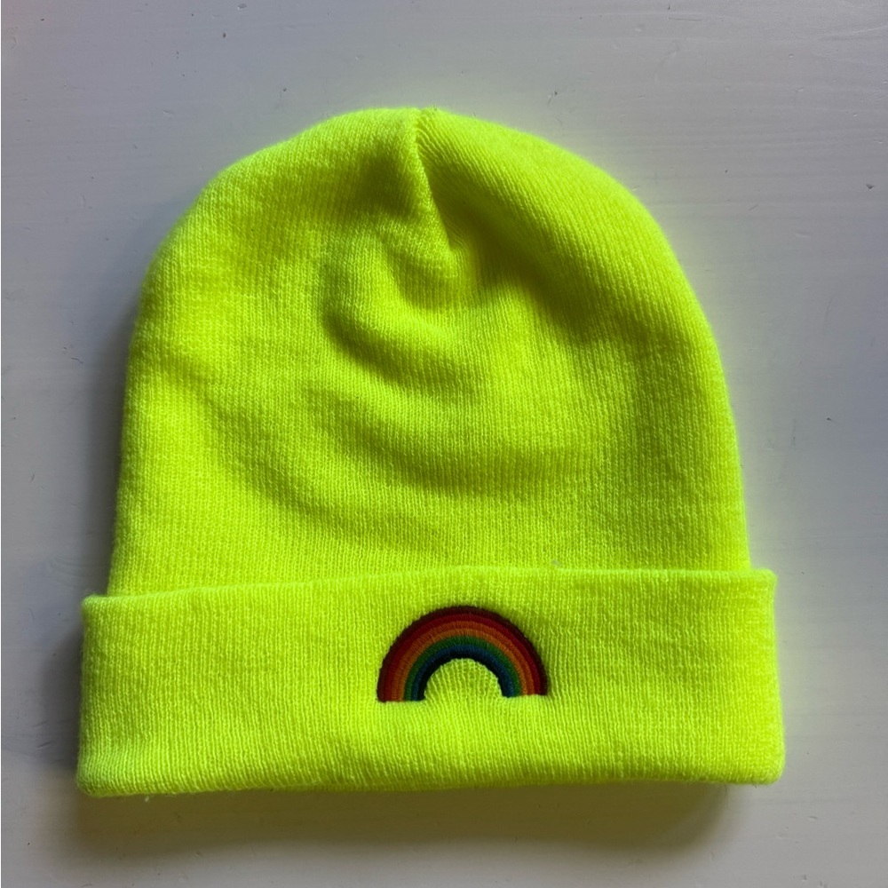 Aviator Nation Neon Yellow Beanie with Rainbow Detail